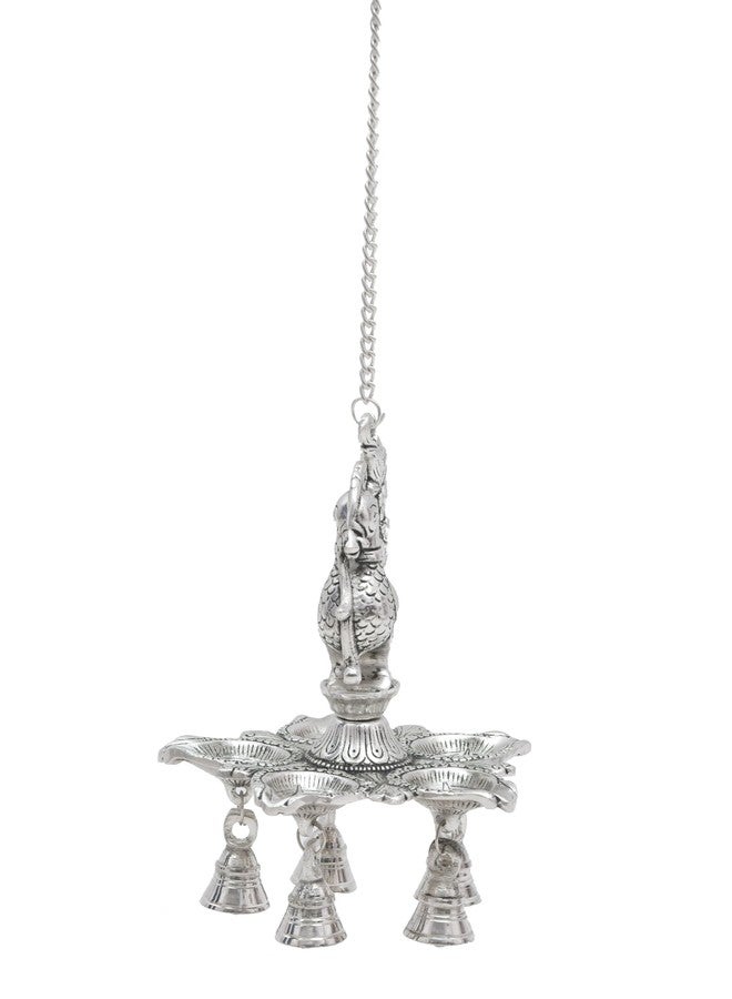HOUZZPLUS Peacock Diya Lamp with Bells for Pooja Hanging Diya, Samai Hanging Oil Lamp, Panchmukhi Diya Peacock Design (Silver) - Image 4